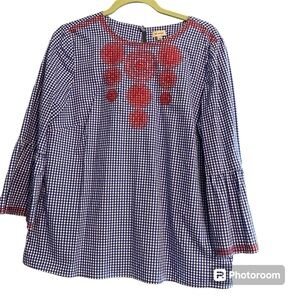 NWOT Cremieux Nina Blouse 3/4 Bell Sleeve Blue White Red Embroidered Top Sz L